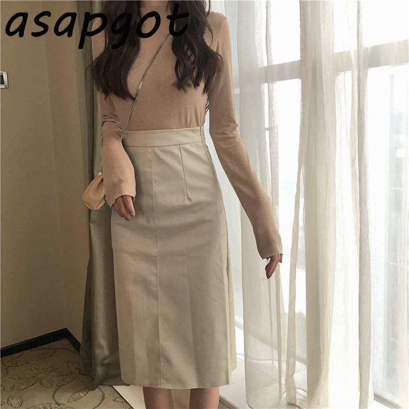Skirts Slim Wrap Hip High Waist Plus Size Black PU Leather Skirt Women Streetwear Autumn Chic Wild Mujer Faldas Solid Casual 210429