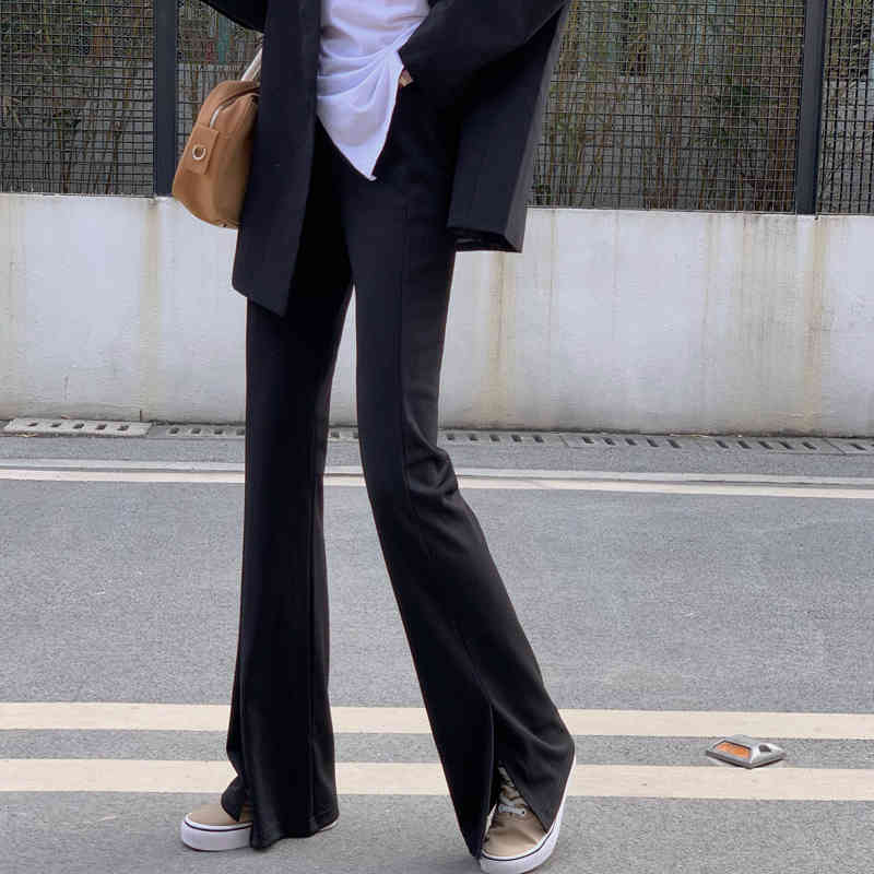 Skinny High Waist Black Split Flare Pants Women Casual Fashion Straight Bottoms Pant Streetwear Pantalones De Mujer Vintage 210429
