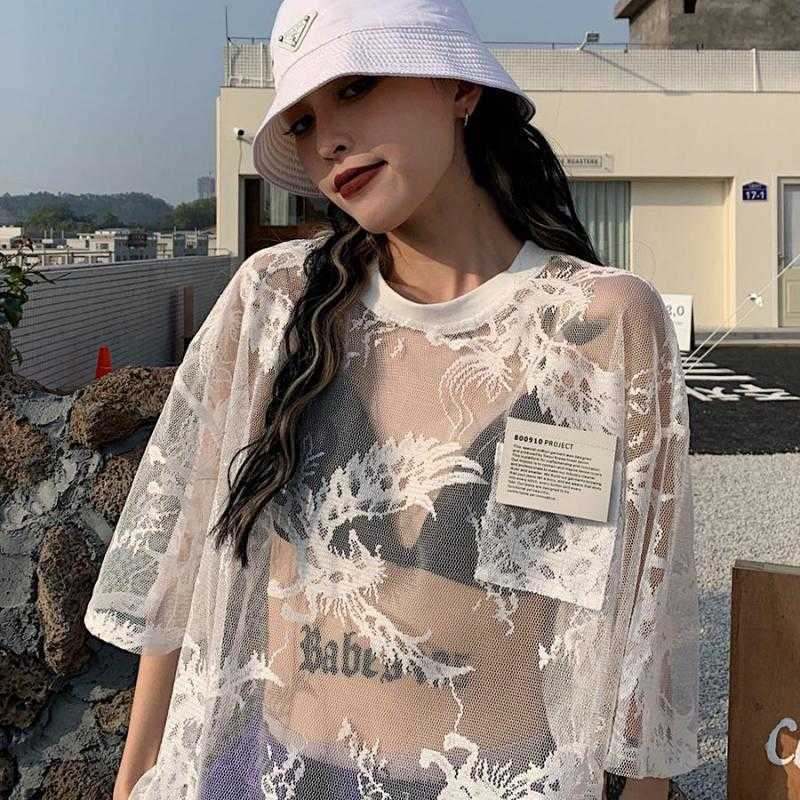 Yedinas Summer Sexy Mesh T Shirts Women Lace See Through Oversize Tops Semitransparent Gothic E Girl T-shirt Streetwear 90s 210527