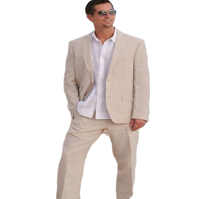 Causal Beige Beach Wedding Tuxedos Linen Groom Formal Wear 2 Pieces Man Suit Summer Bohemian Prom Party Blazer 2022 Handsome Style