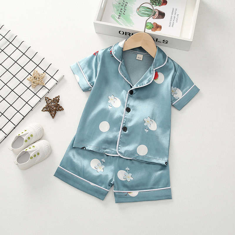 Girls Satin Silk Pajamas Set Kids Boy Cartoon Sleepwear Outfits Summer Toddler Short Sleeve+shorts Leisure Wear Home Clothes 210915