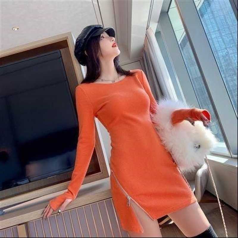 Solid Color Sexy Temperament Long Sleeve Mini Dress Side Zipper Dresses Slim High Waist Orange Korean Women G8PD 210603