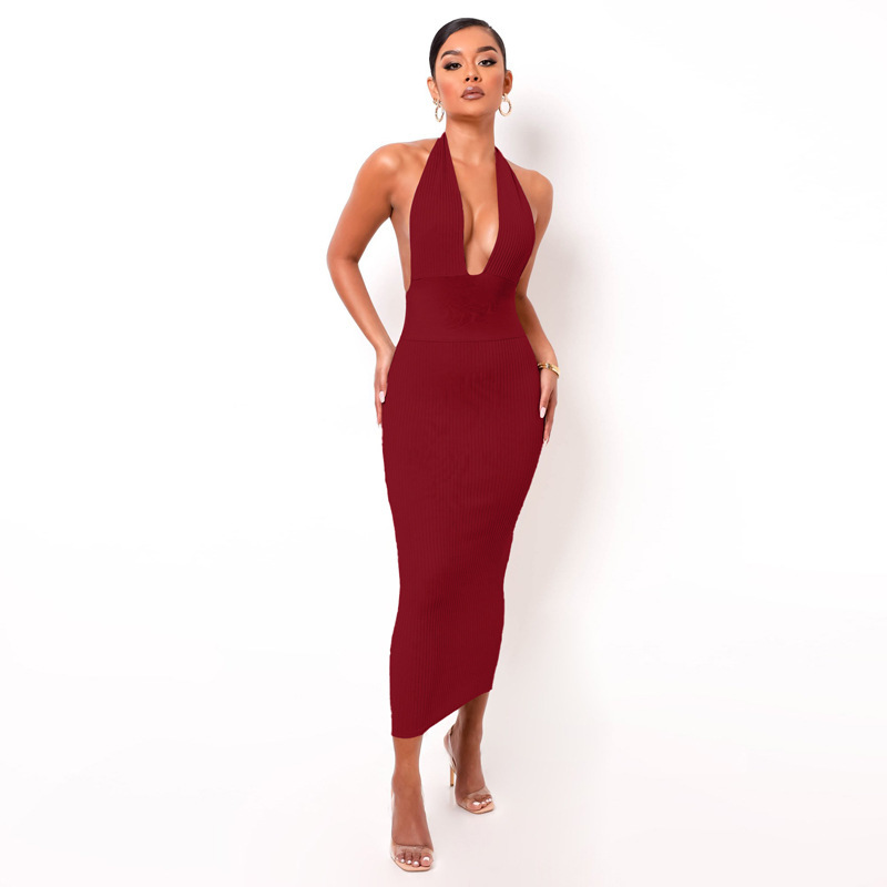 Women Halter Solid Deep V-Neck Ribbed Backless Patchwork Midi Dress Summer Sexy Sleeveless Club Party Package Hips Bodycon 210522