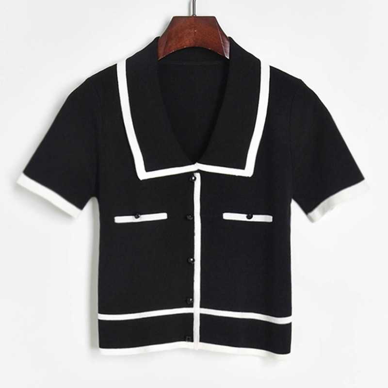 Hit Color Turn Down Collar Crop Cardigan Fresh All-match Thin Knit Blouses for Women Elegant Office Lady Woman Tops Summer 210525