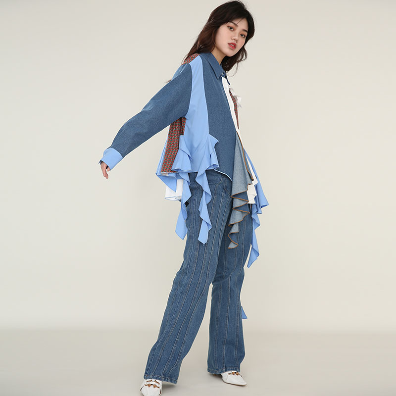 [EAM] Women Tassel Denim Asymmetrical Long Blouse Lapel Long Sleeve Loose Fit Shirt Fashion Spring Autumn 1DD420805 21512
