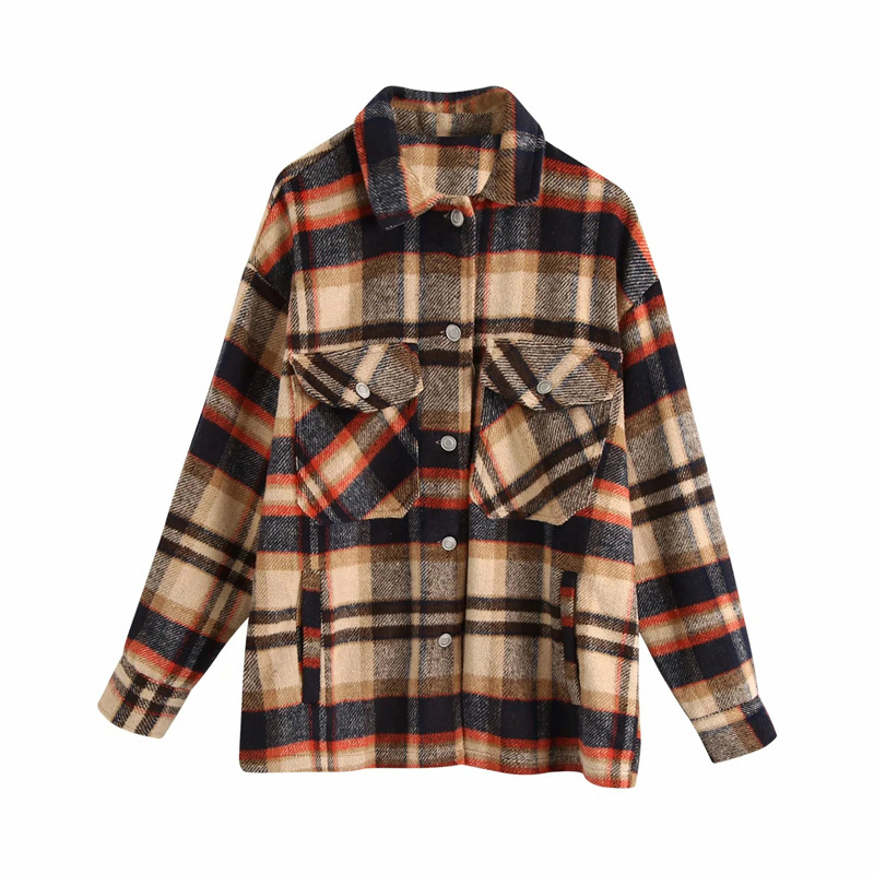 Women Plaid Jackets Coat Ladies Turn Down Collar Wool Blend Coats Long Sleeve Autumn Winter Warm Jackets Female Outwear 210415