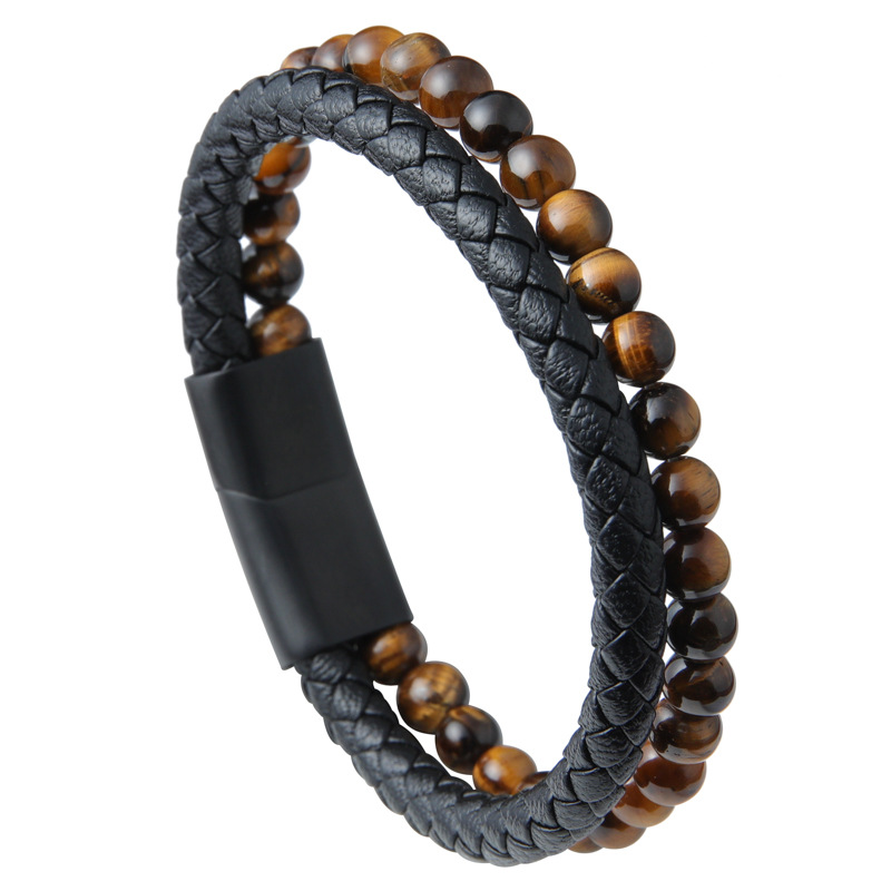 Charm Bracelet Men Multilayer Leather Braided Rope Natural Stone Beads Stainless Steel Magnetic Clasp Bangle Punk Jewelry with a velvet bag