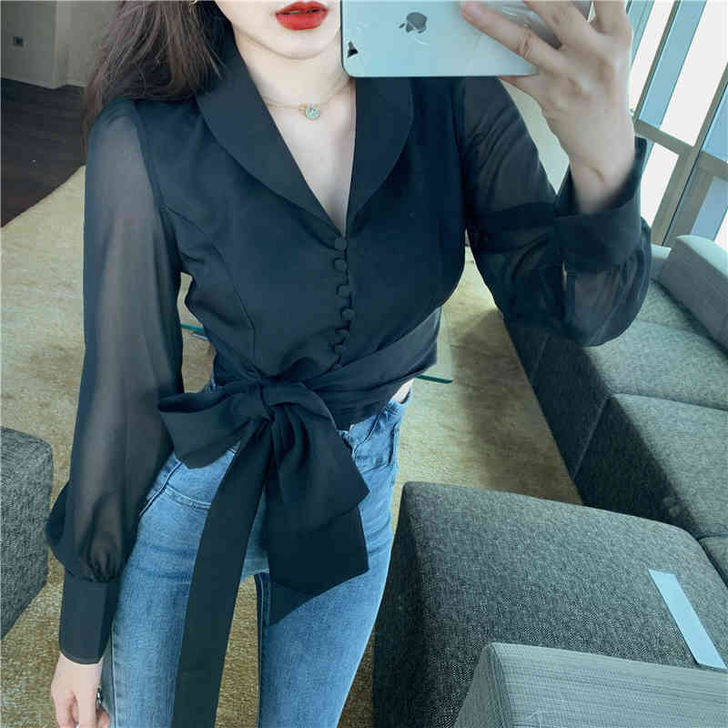 Spring Elegant Chiffon Bow Blouses Women Korean Style White Turn Down Collar Shirts OL Office Wear Work Chic Tops Female 210519