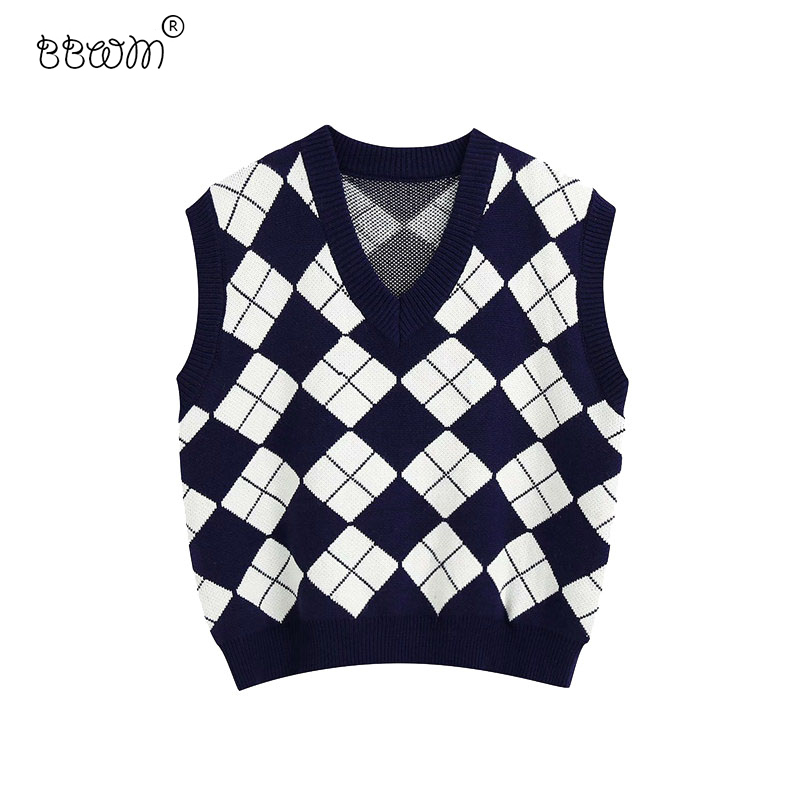Women England Style Argyle Knitted Vest Vintage V-Neck Sleeveless Loose Sweater Girls Chic Tops 210520, As picture
Women England Style Argyle Knitted Vest Vintage V-Neck Sleeveless Loose Sweater Girls Chic Tops 210520, As picture