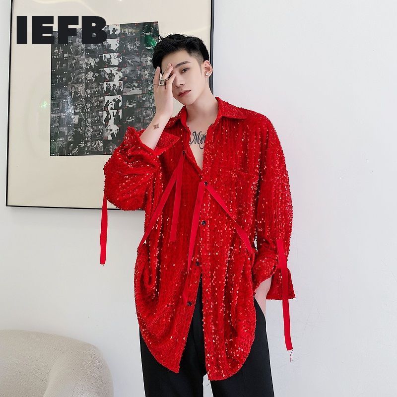IEFB /men's wear Single-product velvet sequins fashionable lace-up large size black red shirts for male Spring new tops 9Y4068 210410