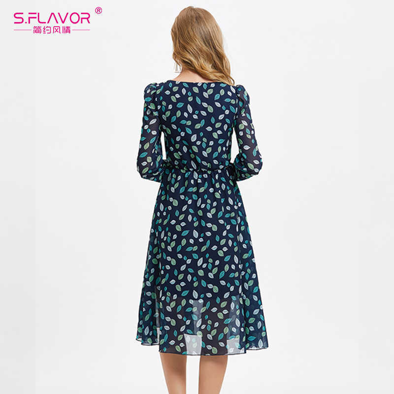 S.FLAVOR Vintage Leaves Print Bohemian Sundress Women Boho Chiffon Long Sleeve A Line Dress O Neck Summer Beach Vestidos 210630