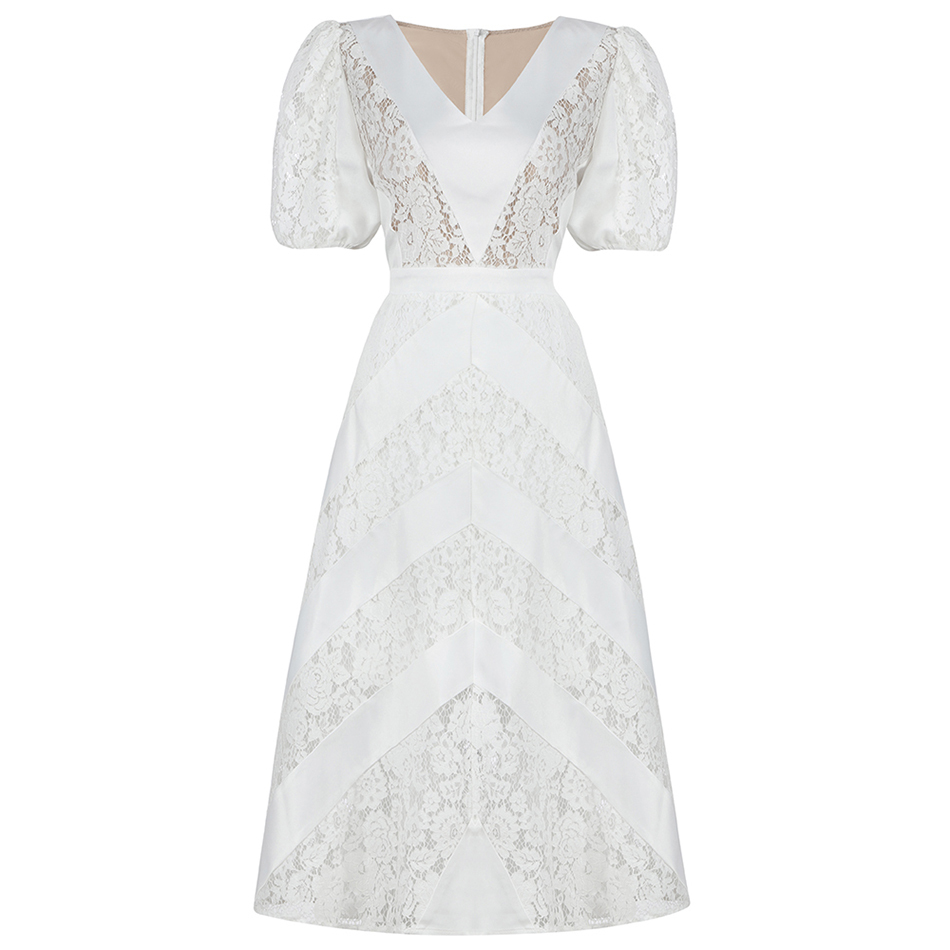 Free Ladies Summer Lace Dress White V-neck Lantern Sleeve Elegant Midi Club Evening Party A Line Vestido 210524