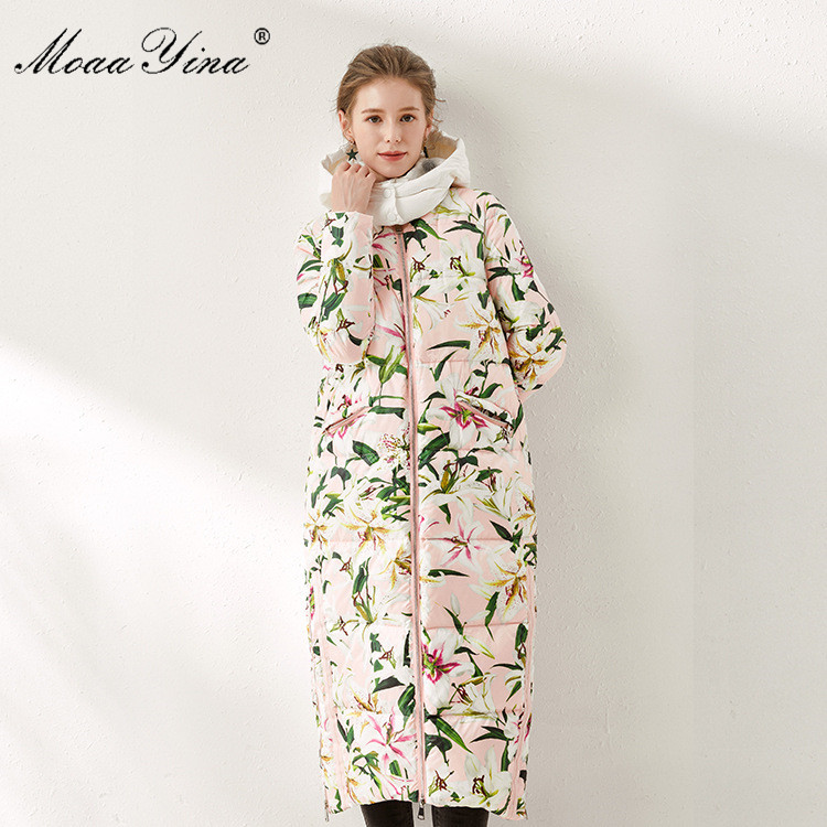 Women's Winter Runway Coats Hooded Collar Floral Printed White Duck Down Warm Parkas Elegant Long Jacket Outwear 210524