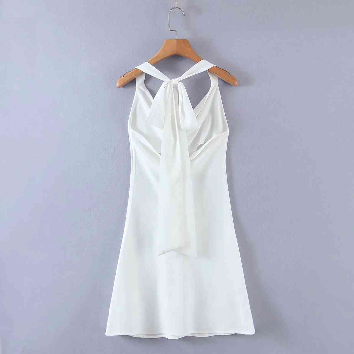drapped neck white satin dress women sexy backless lace up summer party sun short mini silk 210427