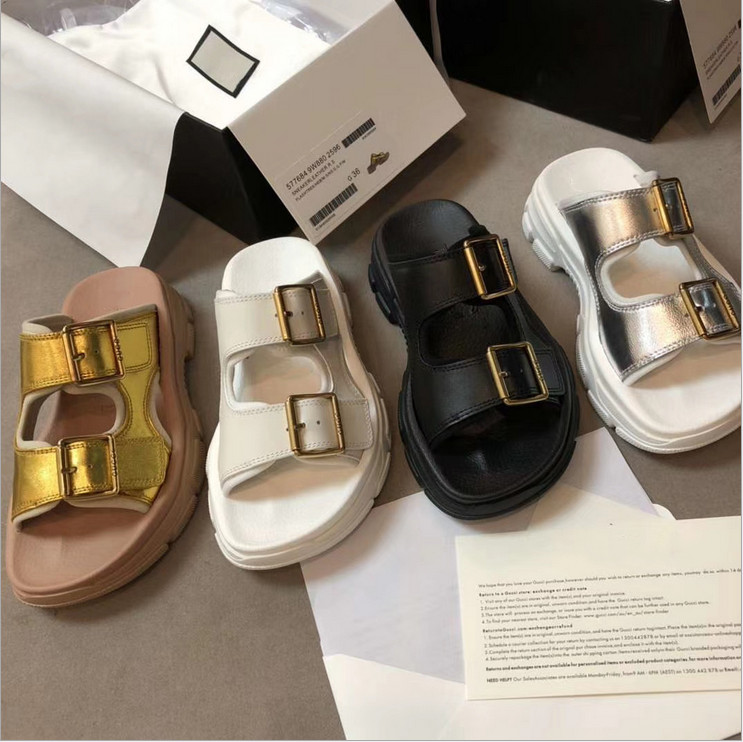 designer Womens Sandals Summer Slippers Leather White Black Yellow Brown Size 35-41