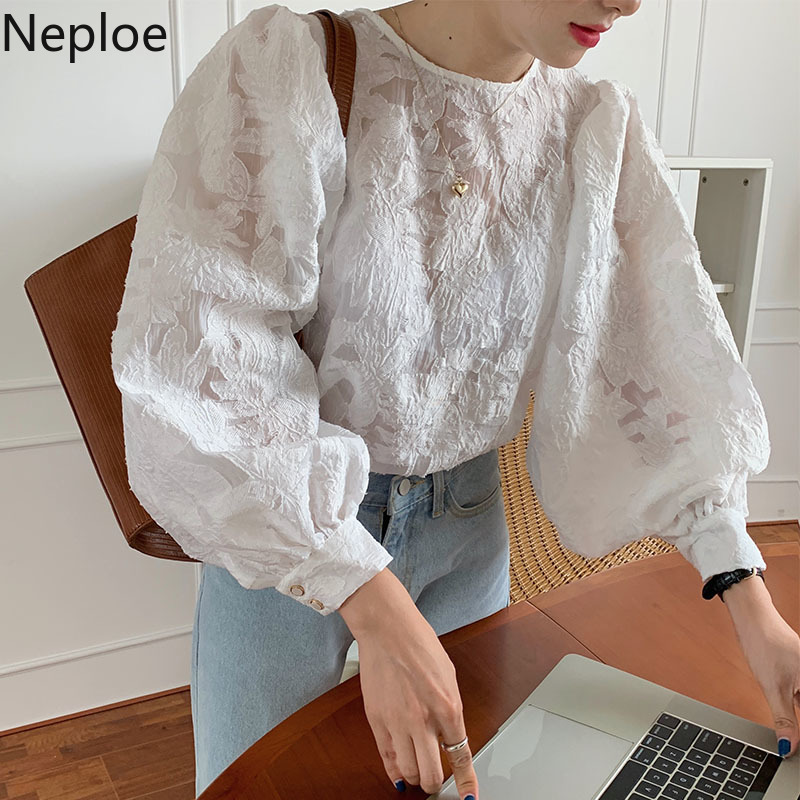 Neploe Korean Chic Blouses Women O-neck Lantern Sleeve See Through Shirt Tops Floral Lose Elegant White Blouse Blusas Mujer 210422