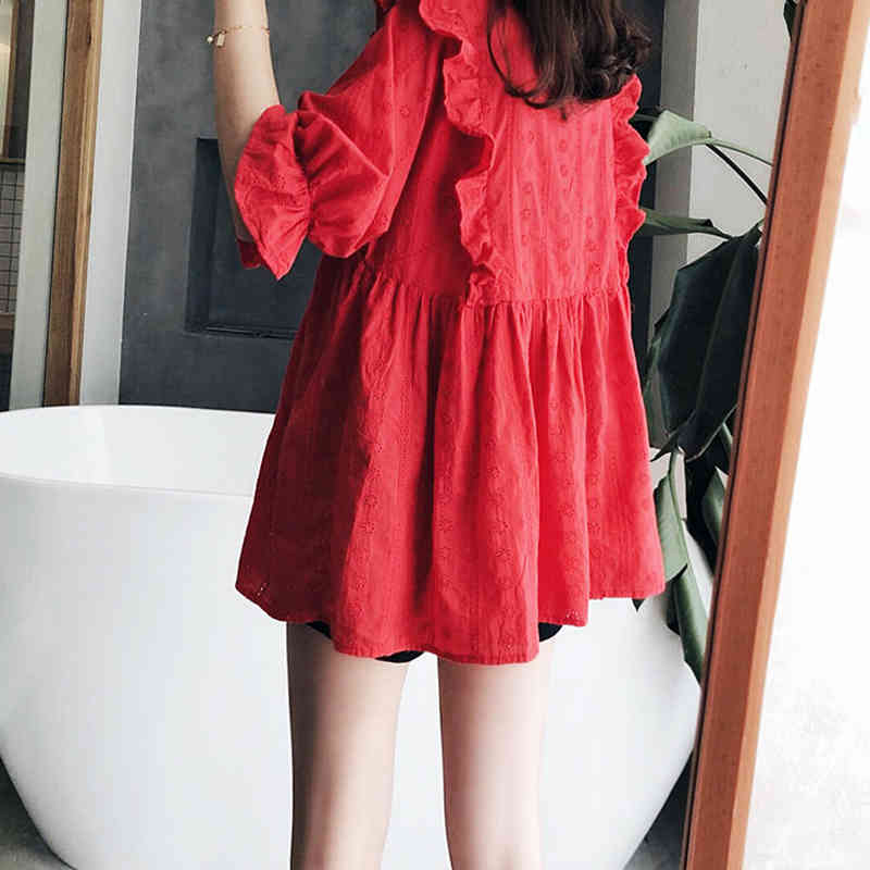 Arrival Preppy Style Women Loose V-neck Shirt Embroidery Hollow Out Blouses all-matched Casual Ladies Tops Plus Size D402 210512