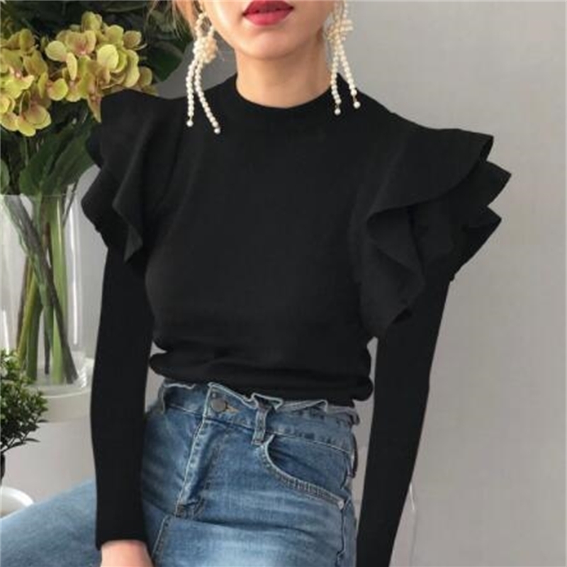 Summer Autumn Knitted Tops Women Short Ruffle Sleeve Sweater Korean Femme Chic Jumper Pullover Clothing Outwear 210519