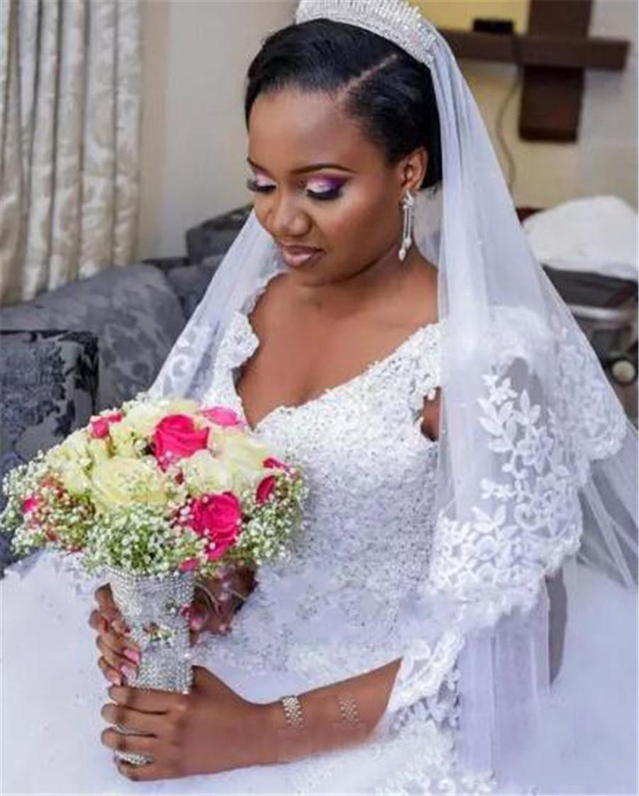 Long Cheap V Neck Applique Beaded Chapel Train Bridal Gowns Modest New Arrivals Tulle And Lace Ball Gown Wedding Dresses Plus Size