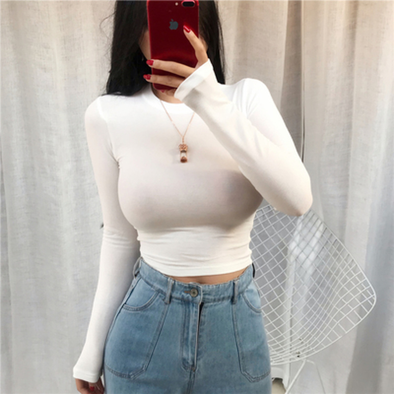 Spring Sexy T Shirt Women Elasticity T-Shirt Korean Style Woman Clothes Slim Tshirt Casual Long Sleeve Tops 210510