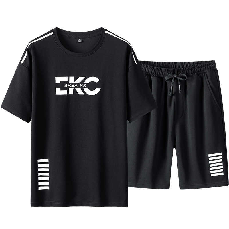 Short Sleeve Set Men Solid Tracksuit Set Summer Fashion Print T-Shirt+Shorts 2 PC Jogger Fitness Suit Male Clothing Streetwear 210603