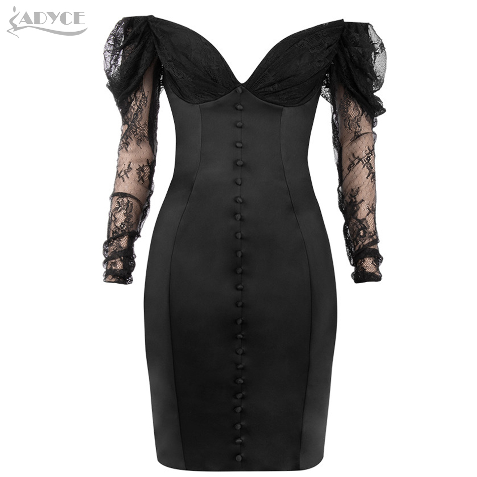 Summer OffShoulder Dress Women Sexy Black Long Sleeve Lace Elegant Bodycon Club Celebrity Runway Party Vestidos 210423
