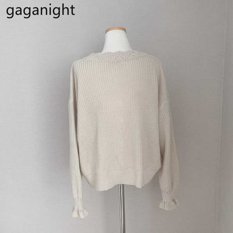 Gaganight Knit Women Elegant Sweater Spring Autumn Fashion Solid Casual Loose Cardigan Beading Single Breasted Ruffles Kardigan 210918
