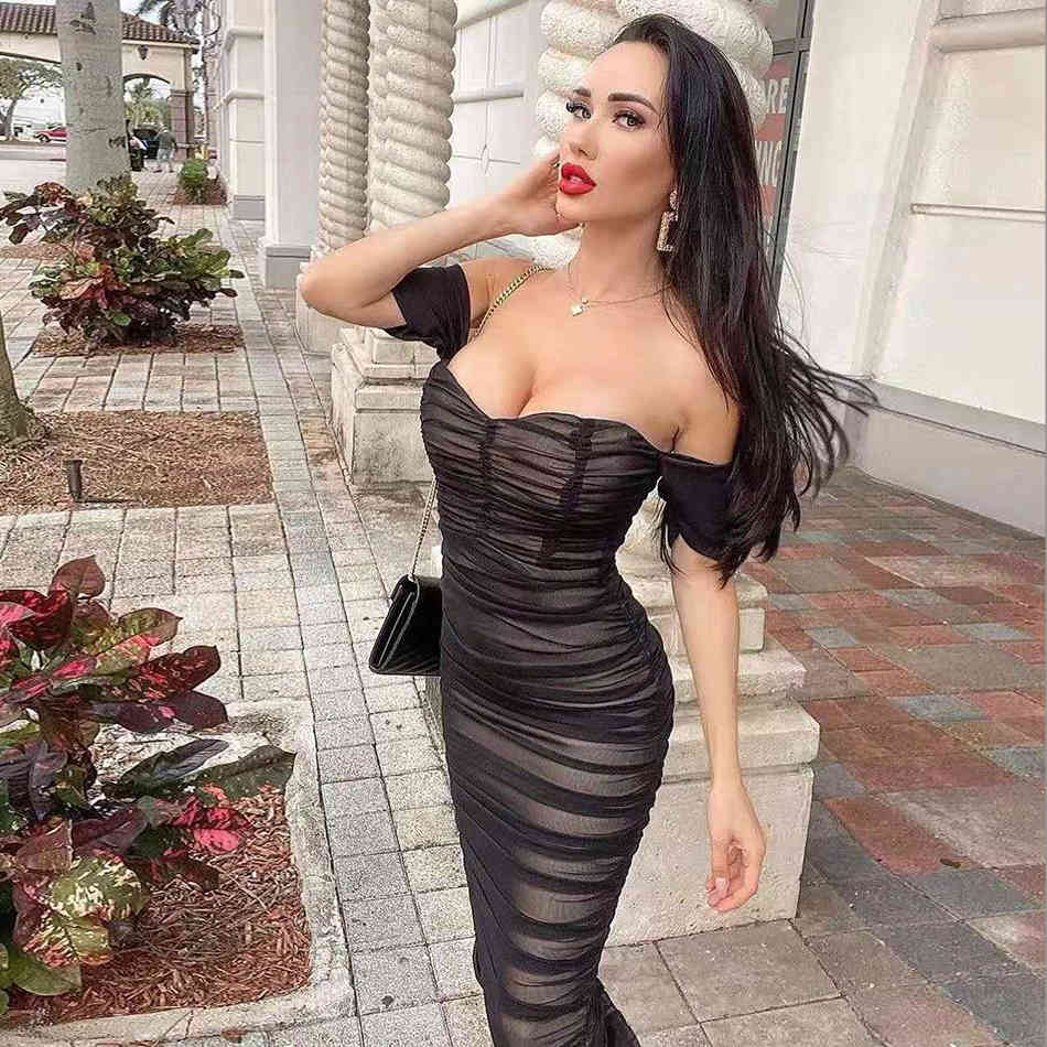 Free Women Bandage Dress Sexy Card Shoulder Short Sleeve Bodycon Mesh Draped Club Party Midi Vestidos 210524