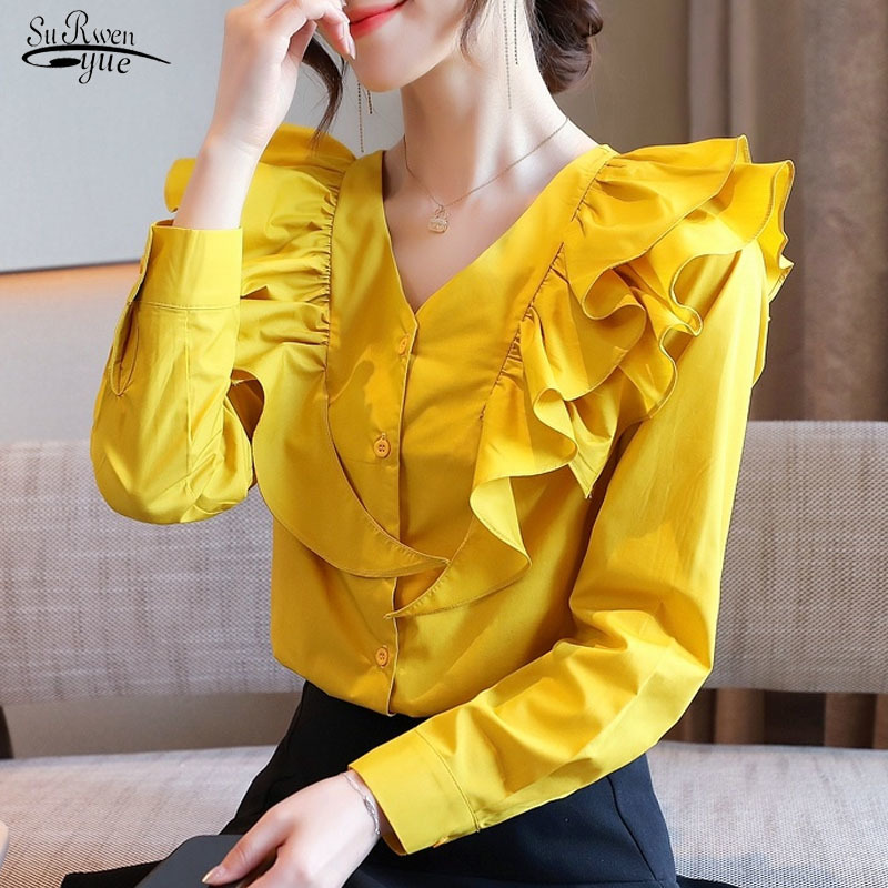 Autumn Fashion Long Sleeve V-neck Ruffle Blouse Women Buckle All-match Chiffon French Elegant Solid Color Tops 11129 210521, Yellow
Autumn Fashion Long Sleeve V-neck Ruffle Blouse Women Buckle All-match Chiffon French Elegant Solid Color Tops 11129 210521, Yellow
