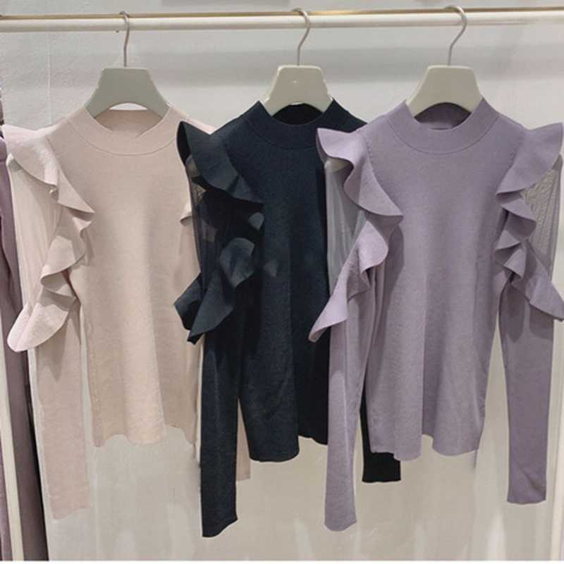 Elegant Chic Ruffles Patchwork Flying Sleeve Slim Fit Pullovers O Neck Voile Knit Sweater Women Spring Casual Tops 210525