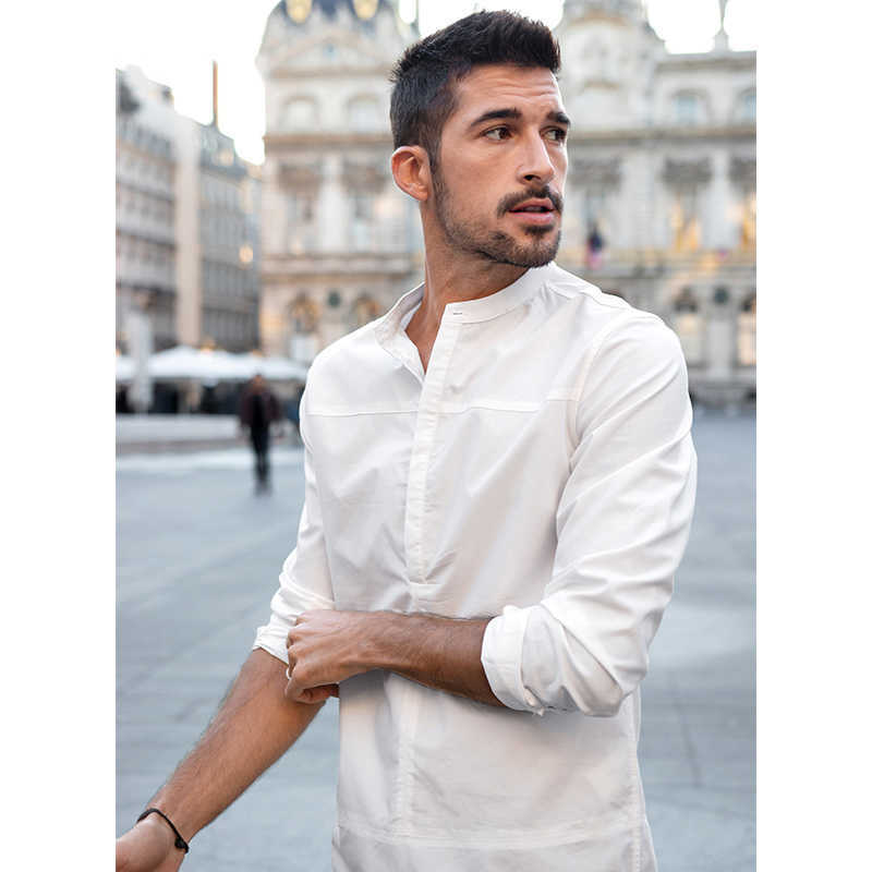KUEGOU Blended Cotton Solid color Spring Summer Man Shirt Long Sleeve Half cardigan Fashion Shirts men Top Plus Size BC-20521 210714