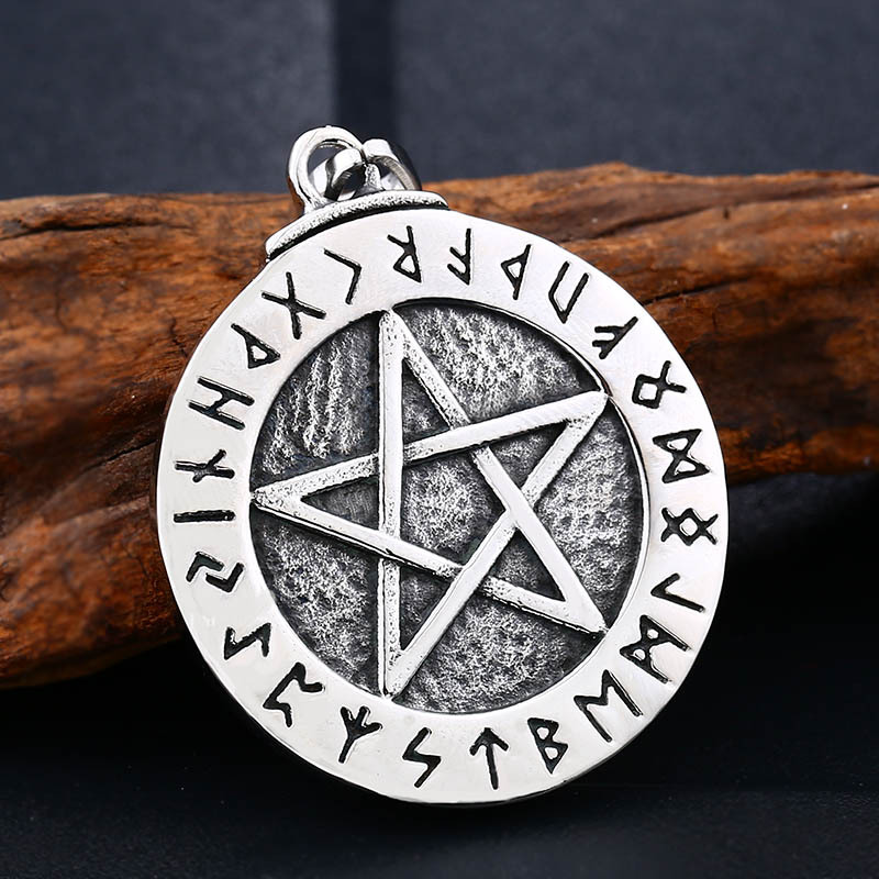 Vintage Men's Stainless Steel Pendant Necklace Norse Viking Runes Pentacle Pentagram Of Protection Amulet Star Charm Ball Chain