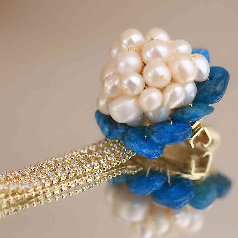 Rivd Handmade Jewelry Blue Xinghe Apatite Zircon Tassel Freshwater Pearl Brooch Dress 7203i