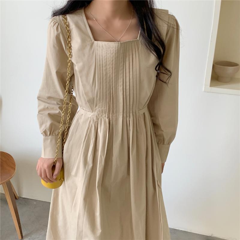 Casual Dresses Minimalist Korean Retro Temperament Square Collar Long Sleeve Pleated Lace-Up High Waist Dress Office Elegant Maxi, Khaki
Casual Dresses Minimalist Korean Retro Temperament Square Collar Long Sleeve Pleated Lace-Up High Waist Dress Office Elegant Maxi, Khaki