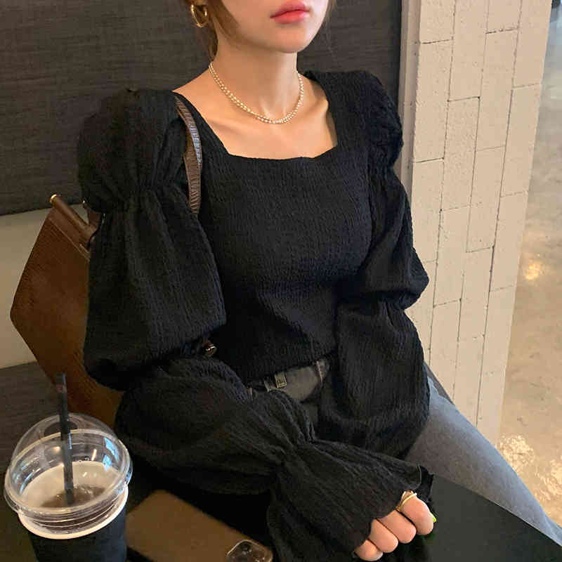 Nomikuma Vintage Square Collar Women Blouse Pleated Flare Long Sleeve Causal Top Shirts Autumn New Blusas Mujer 6C765 210427