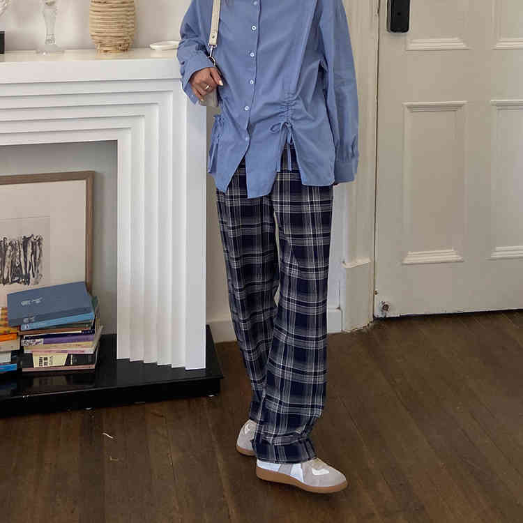 SML korean style plaid vintage straight trouser female spring autumn high waist long pants womens (F4207) 210423