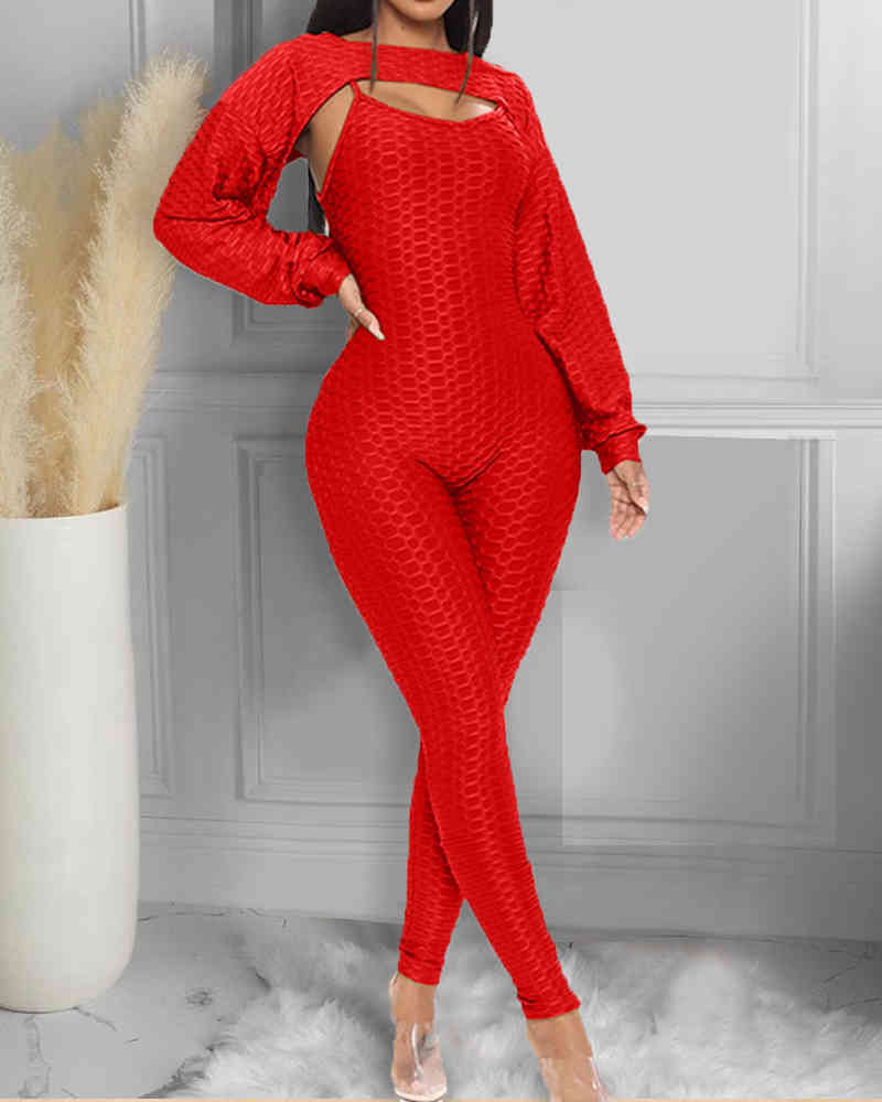 Women Elegant Textured Lantern Sleeve Top & Spaghetti Strap Jumpsuit Set Femee Ribbed Plain Long Sleeve Cut Out Suit Sets 210415