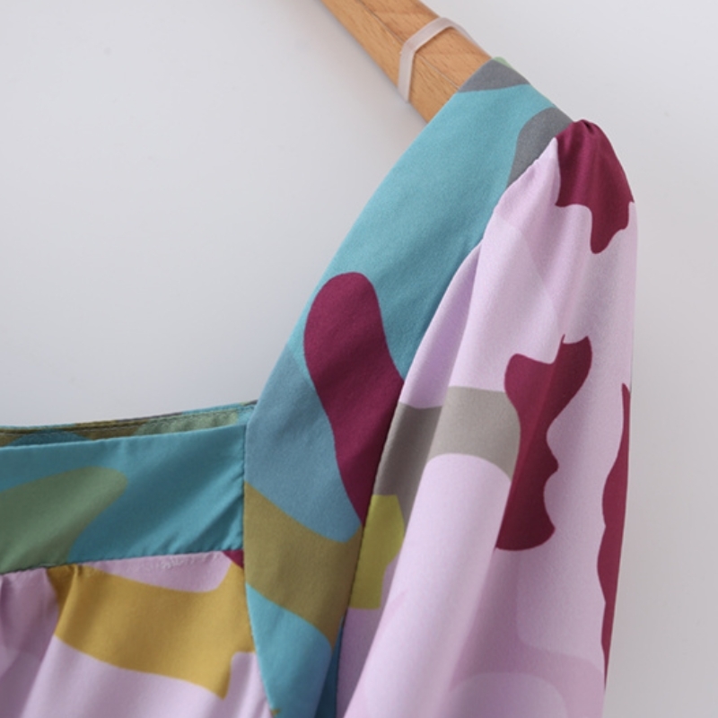 Summer Women Digital Printing Splicing Tiered Dress Female Puff Sleeve Clothes Casual Lady Loose Vestido D7783 210430Z