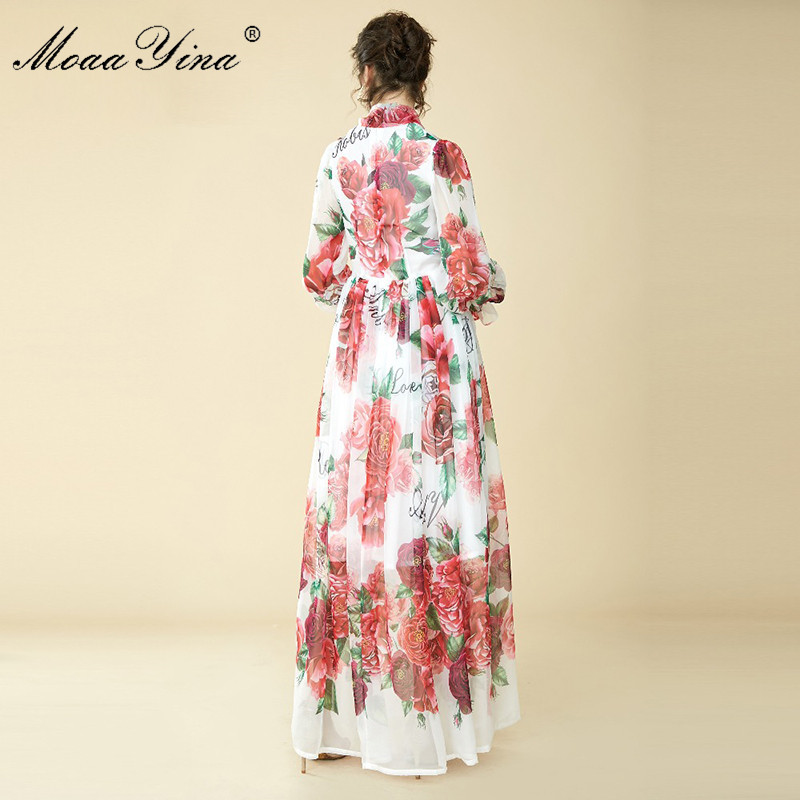 Spring Summer Maxi Dress Bow Collar rose Floral Prin Butterfly Sleeve Long Casual Holiday Bohemian Loose 210524
