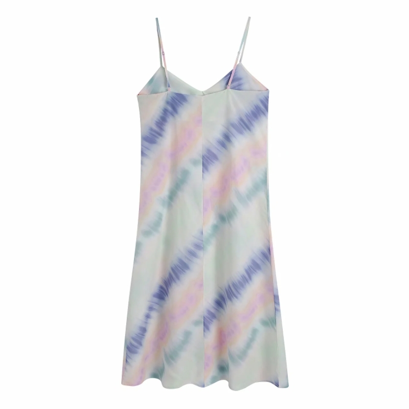 Summer Women Tie Dye Printing Suspender Midi Dress Female Sleeveless Clothes Casual Lady Loose Vestido D7553 210430