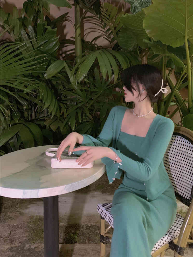 Korean Women 3 Piece Set Elegant knitting Cardigan + Sexy Vest + High waist Pencil Skirt Outfit 210518