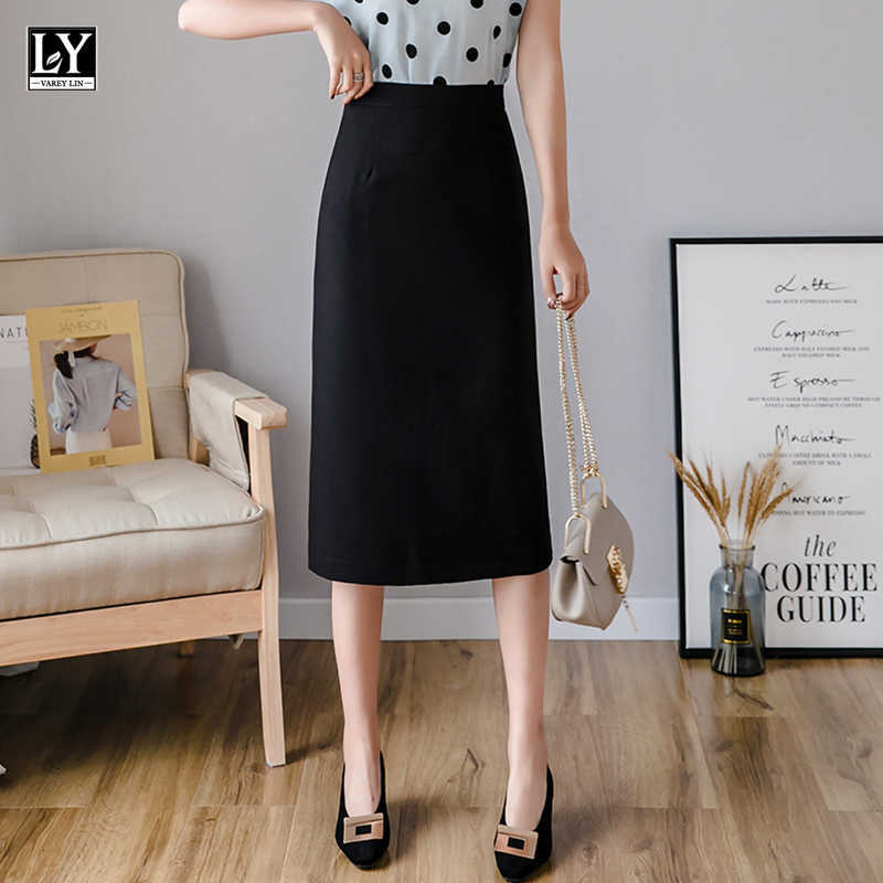 LY VAREY LIN Summer Women OL Style Solid Color Black Split Skirts Casual Slim Fit High Waist Midi Pencil Skirt Female 210526