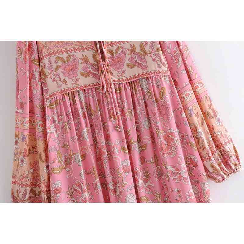 Bohemia Bandage Lacing up Collar Contrast Pink Flower Print Midi Dress BOHO Woman Long Sleeve Holiday Dresses Beach 210429