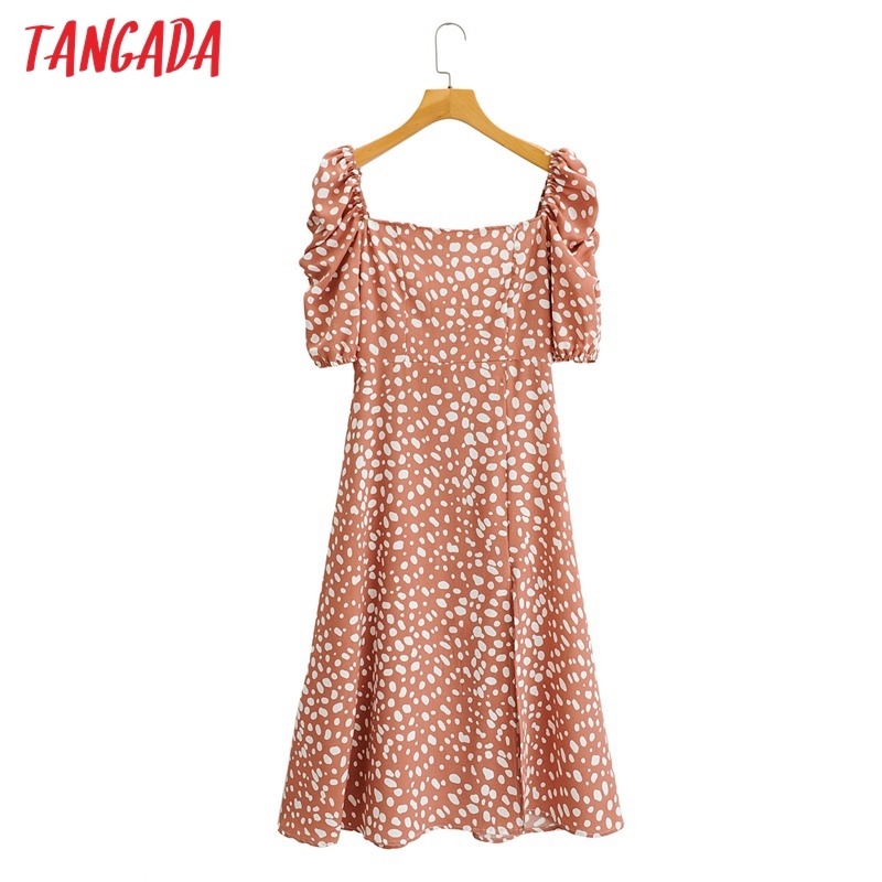 Summer Women Dots Print French Style Puff Short Sleeve Ladies Midi Dress Vestidos 1F83 210416