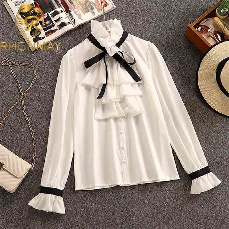 Chiffon Blouse Spring Women Ruffles Tops Solid color office lady Bow tie shirt Flare sleeve clothing 210520, White
Chiffon Blouse Spring Women Ruffles Tops Solid color office lady Bow tie shirt Flare sleeve clothing 210520, White