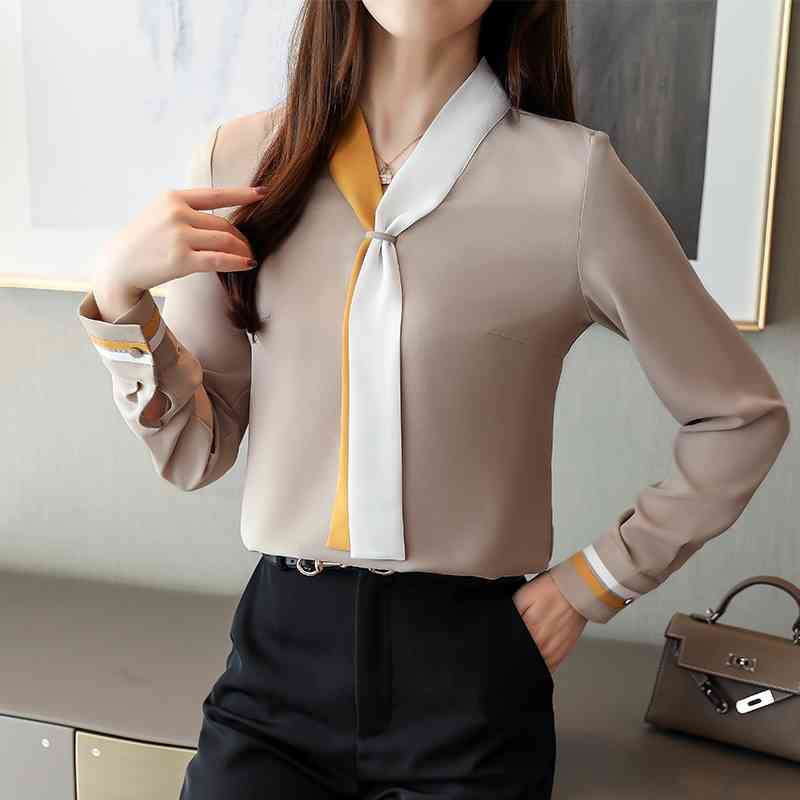 Solid Vintage Long Sleeve Chiffon Tops Loose Office Lady Women Blusas Mujer De Moda Elegant Autumn Clothing 7188 50 210506