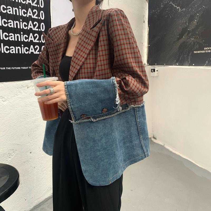 Nomikuma Spring Demin Patchwork Blazers Causal Korean Hit Color Suit Jacket Women Fashion Blazer Coat 6F775 210930