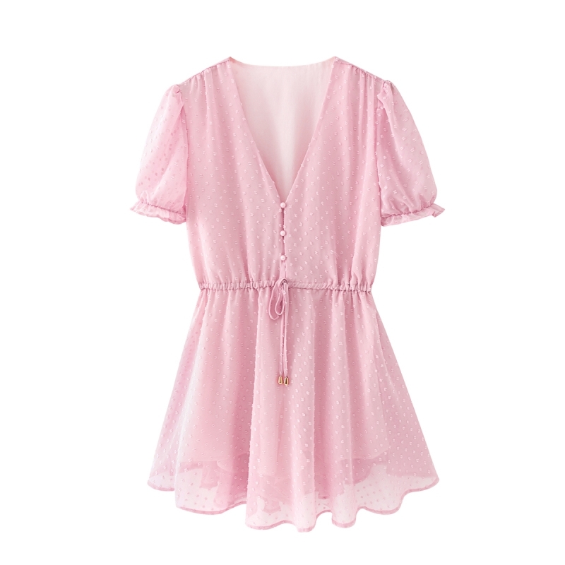 vintage women pink flocking dress summer fashion ladies elegant boho es party female sweet cute girls chic 210430