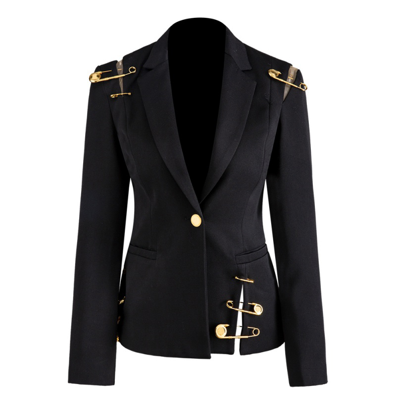 VGH Hollow Out Blazer For Women Lapel Long Sleeve Golden Pins Accessories Split Slim Black Blazers Female Fashion New Style 210421
