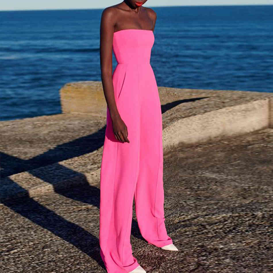 Summer High Quality Women'S Jumpsuit Curb Shoulder Sexy Celebrity Party Rose Red Tube Top Wide Leg 210525